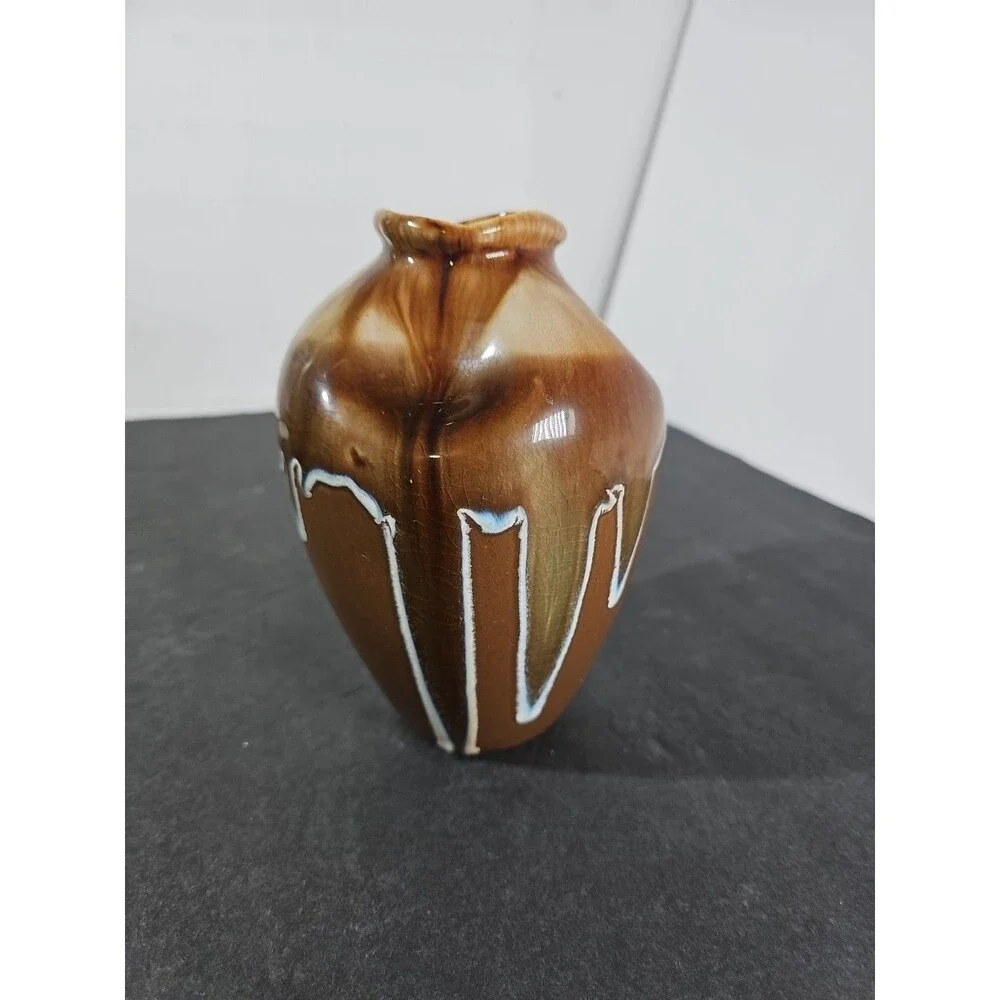 Vintage Drip Glaze Pottery Vase Pinched Handmade 7” Brown Light Blue